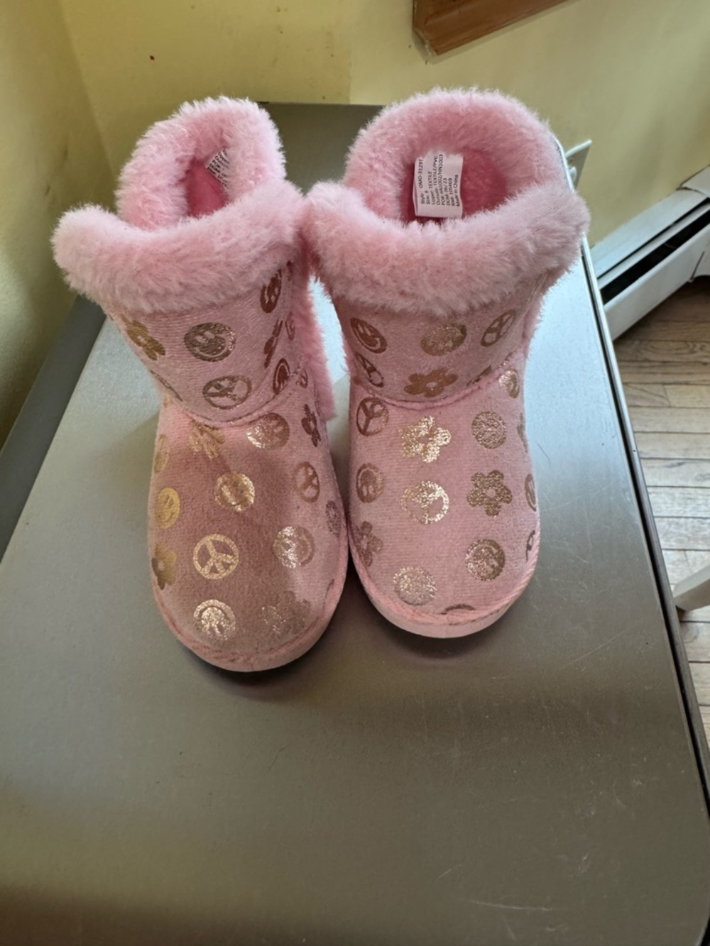 Olivia Miller Pink Faux-Fur Slip-On Boots with Gold Peace & Flower Prints